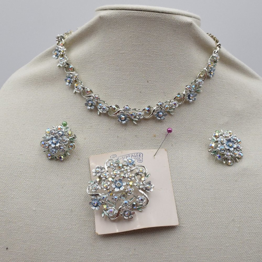 NWOT Vintage BSK Enamel and Aroura Borealis Parure 3 Pc Set NOS